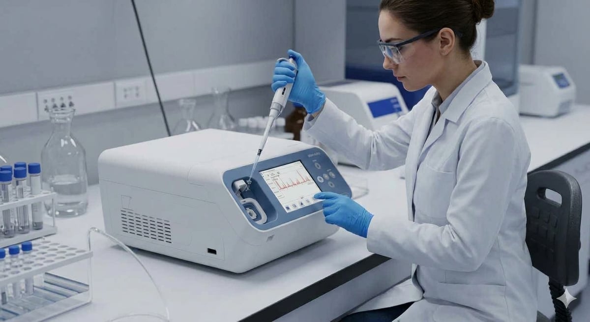Sawin Biomedicals scientist using a micropipette over a benchtop analyser